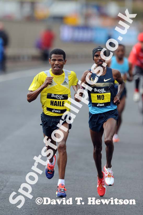 Haile Gebrselassie leads from Mo Farah in the BUPA Great North Run.